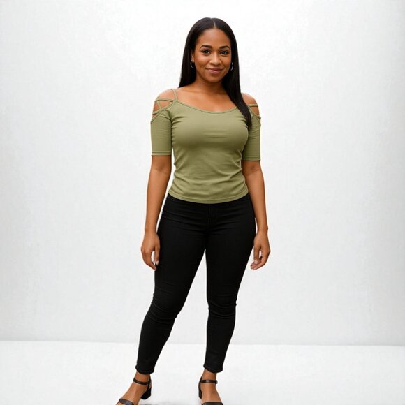 Solid Off Shoulder Top With Strappy Cut Sleeve - Picture 7 of 7